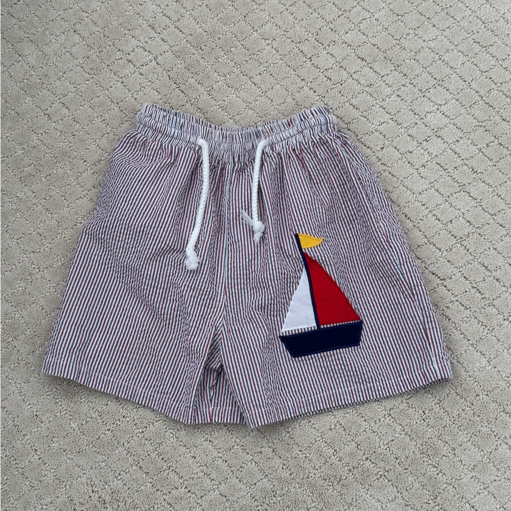 Preppy Mondays Child Seersucker Swim Trunks with Embroidered Sailboat